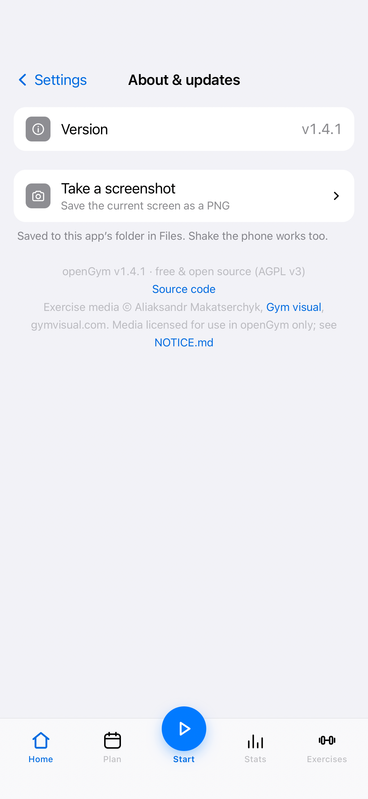 The About & updates screen on the phone, showing the app at version 1.4.1, a screenshot row, and openGym's AGPL and media attribution.